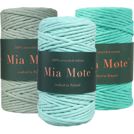 Mia Mote™ Zestaw sznurków do makramy – 3x100 m – Sznurek Bawełniany Skręcany 3 mm – Zestaw PASTELOWY Malachite Green/Oliwin Peridot/Chryzopraz