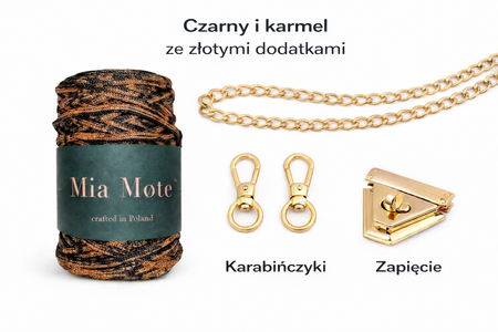 Sznurek poliestrowy płaski 5 mm bez rdzenia – do torebek i makramy, Czarny z Karmelem | Miraże Ombre Amber  | Mia Mote™ ByBag
