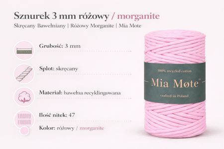 Mia Mote™ Classic Line Sznurek bawełniany skręcany do makramy 3mm morganite