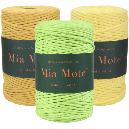 Mia Mote™ Zestaw sznurków do makramy – 3x50 m – Sznurek Bawełniany Skręcany 5 mm – Zestaw PASTELOWY Lime Quartz/Yellow Calcite/Orpiment on dolomite