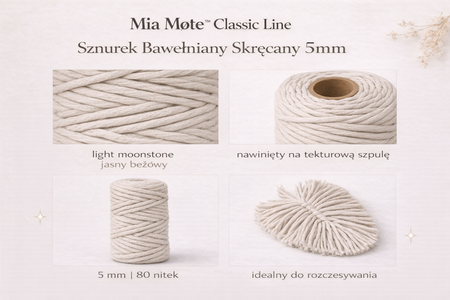 Mia Mote™ Classic Line Sznurek bawełniany skręcany do makramy 5mm light moonstone