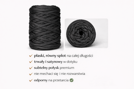 Sznurek poliestrowy płaski 5 mm bez rdzenia – do torebek i makramy, Czarny | Shungite | Mia Mote™ ByBag