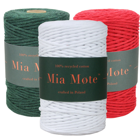 Mia Mote™ Zestaw sznurków do makramy – 3x100 m – Sznurek Bawełniany Skręcany 3 mm – Zestaw Świąteczny Emerald/Krokoit/Chalk