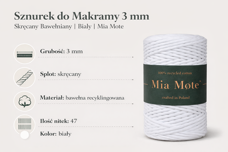 Mia Mote™ Classic Line Sznurek bawełniany skręcany do makramy 3mm chalk