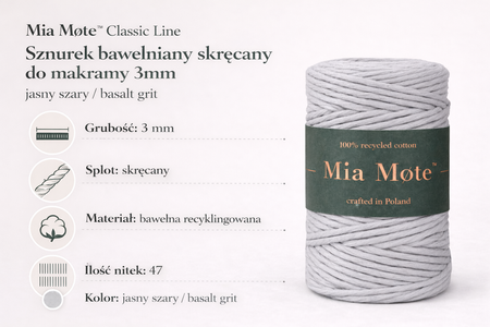 Mia Mote™ Classic Line Sznurek bawełniany skręcany do makramy 3mm basalt grit