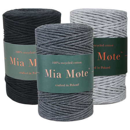 Mia Mote™ Zestaw sznurków do makramy – 3x50 m – Sznurek Bawełniany Skręcany 5 mm – Zestaw Szarości Shungite/Basalt Grit/Smoky Quartz