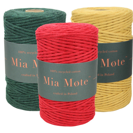 Mia Mote™ Zestaw sznurków do makramy – 3x50 m – Sznurek Bawełniany Skręcany 5 mm – Zestaw Świąteczny Emerald/Krokoit/Orpiment on dolomite