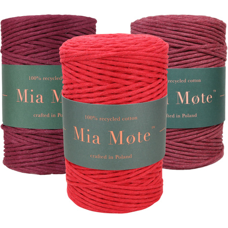 Mia Mote™ Zestaw sznurków do makramy – 3x50 m – Sznurek Bawełniany Skręcany 5 mm – Zestaw Czerwieni Ruby/Garnet/Krokoit