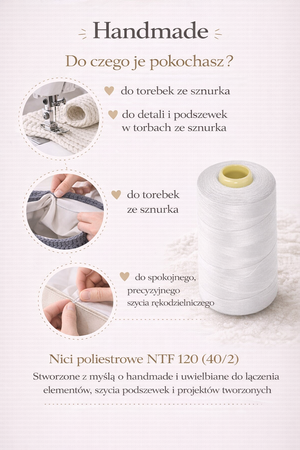 Nici poliestrowe do szycia torebek i handmade – białe 1000 m (NTF 120)