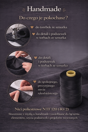 Nici poliestrowe do szycia torebek i handmade – czarne 1000 m (NTF 120)