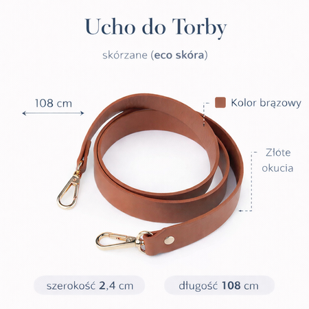 Skórzany Pasek eko skóra Ucha do torebki brązowy złoty 108cm