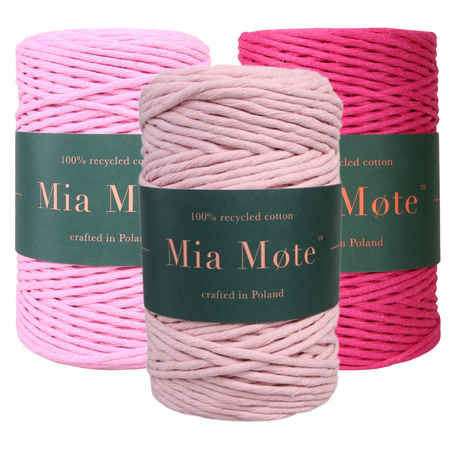 Mia Mote™ Zestaw sznurków do makramy – 3x50 m – Sznurek Bawełniany Skręcany 5 mm – Zestaw Różowy Pink Pearl//Morganite/Radiant Orchid