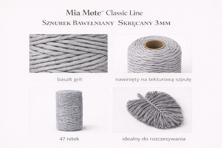Mia Mote™ Classic Line Sznurek bawełniany skręcany do makramy 3mm basalt grit