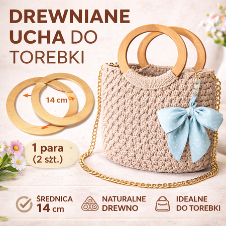 Drewniane uchwyty do toreb i makramy – obręcze 14 cm, naturalne lakierowane (2 szt.)