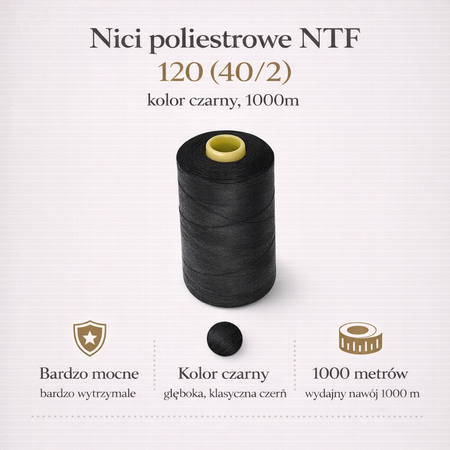 Nici poliestrowe do szycia torebek i handmade – czarne 1000 m (NTF 120)